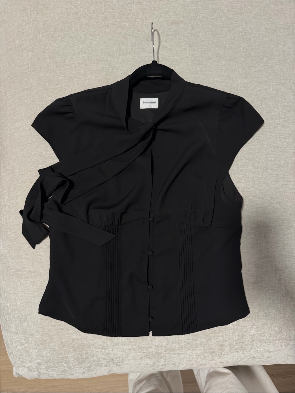 Sunday Best Black Tie-Neck Cap Sleeve Blouse